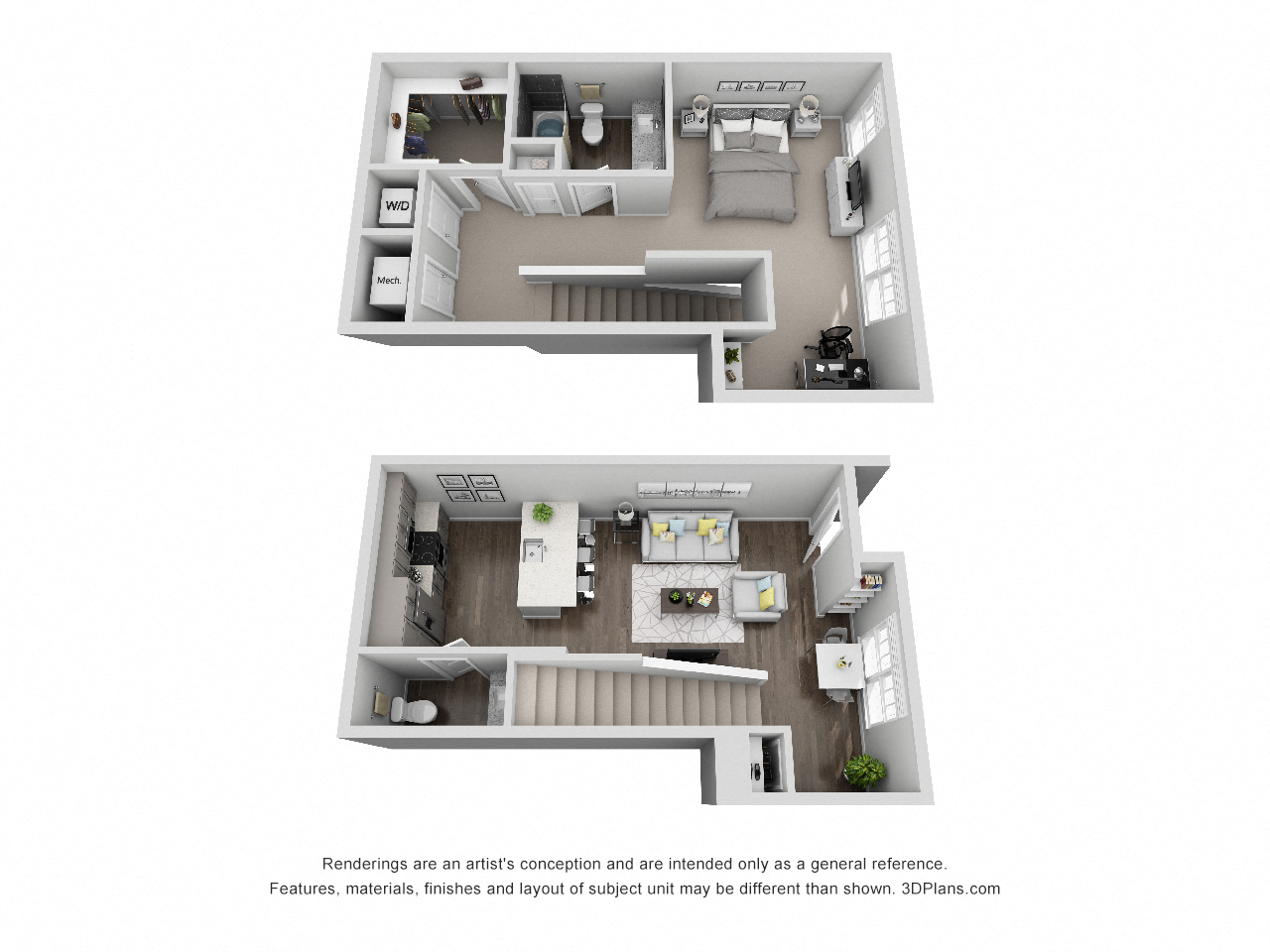Floor plan for 1 bed, 1.5 baths, 1119 sqft